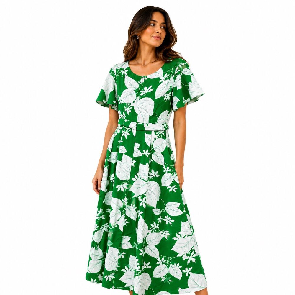 Hawaii Nei Honolulu Green White Botanical Floral Vintage Maxi Dress Sz 12